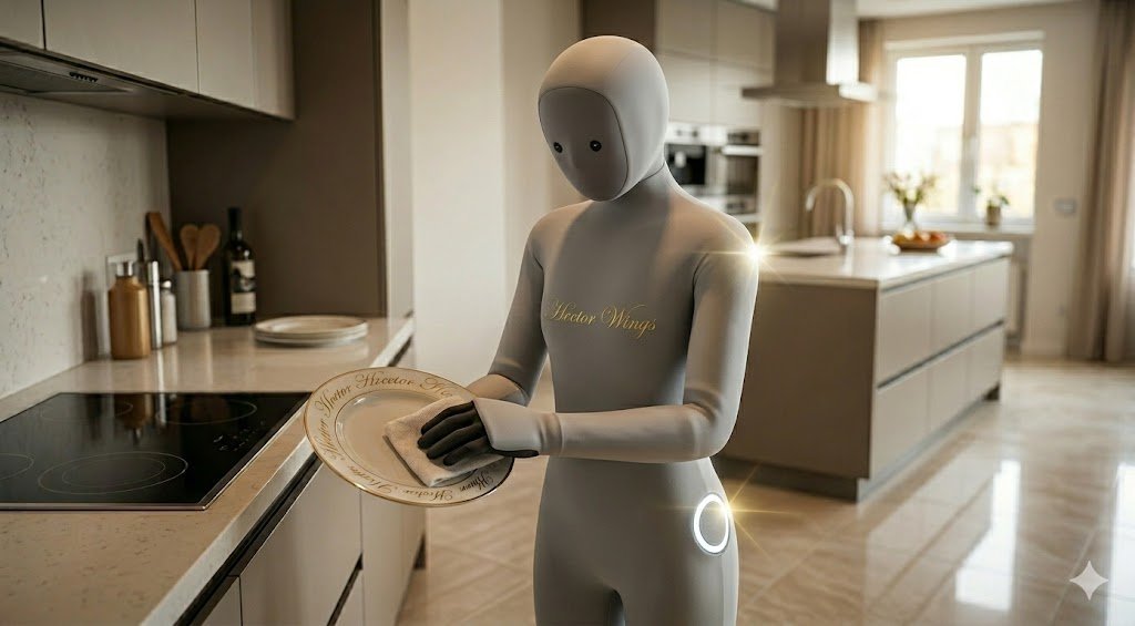 Robot mayordomo Hectorwings365 limpiando la cocina